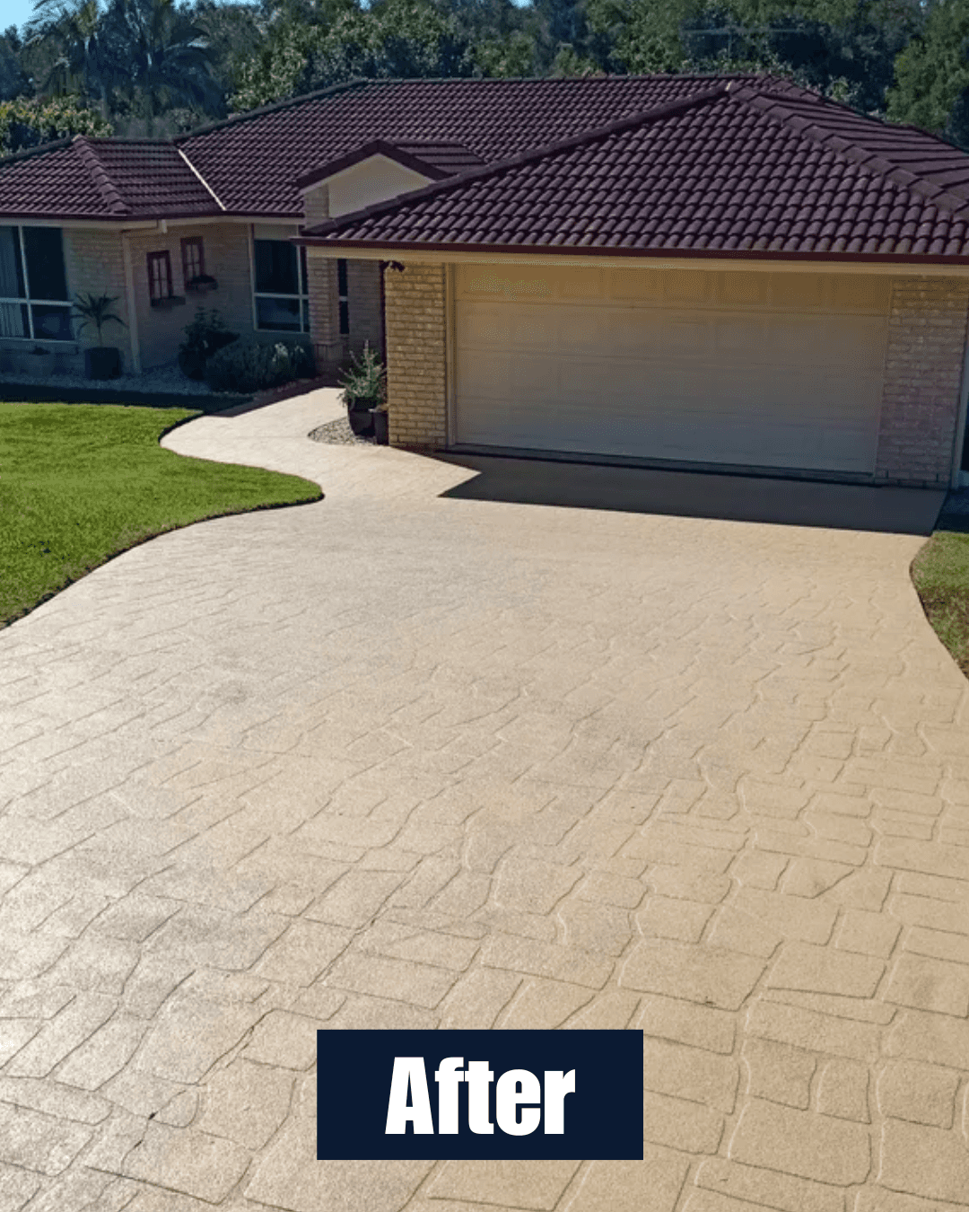 Stamped driveway after paver and concrete sealing