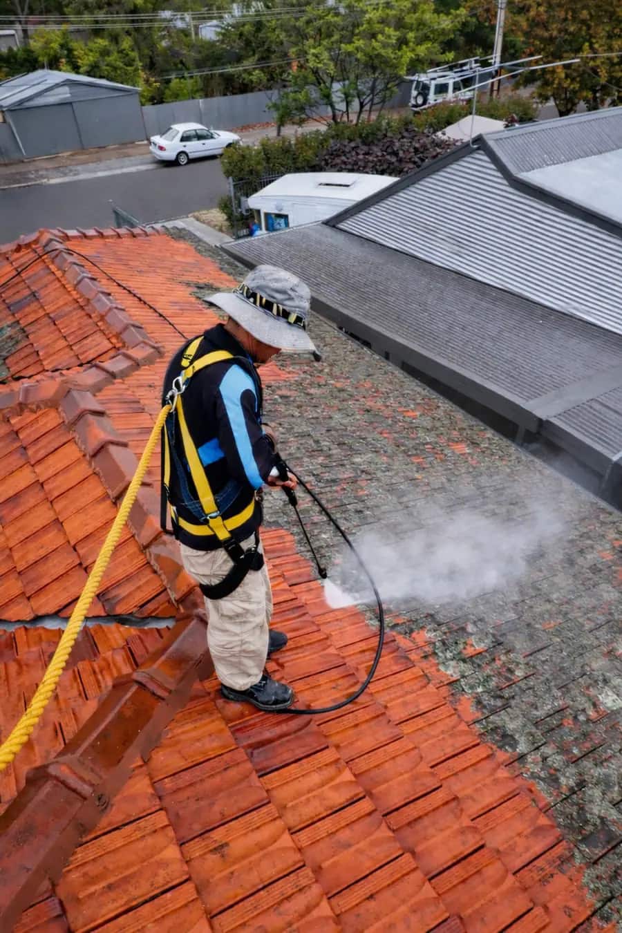 Professional worker cleaning a tiled roof with a pressure washer