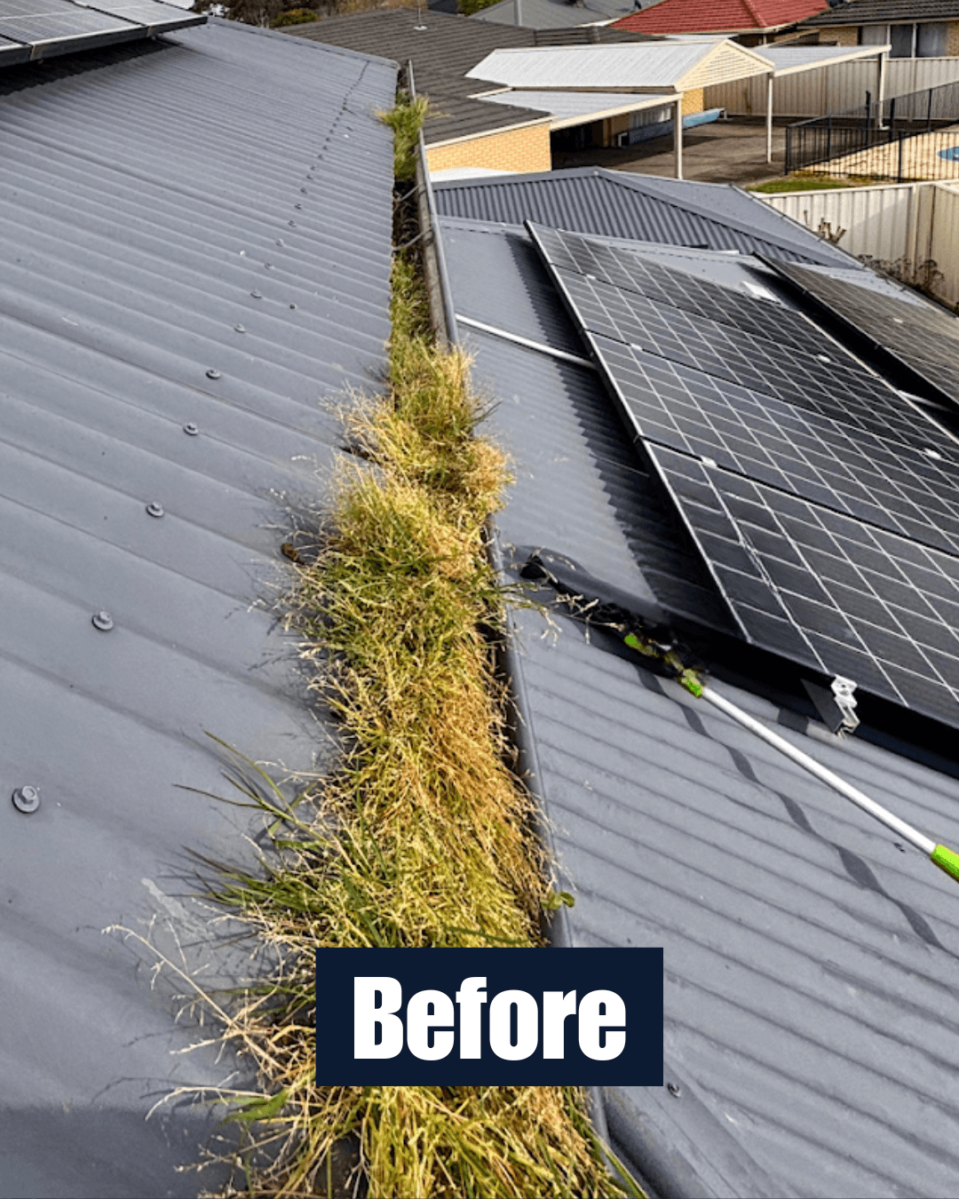 Blocked gutter before cleaning with heavy grass and debris build-up